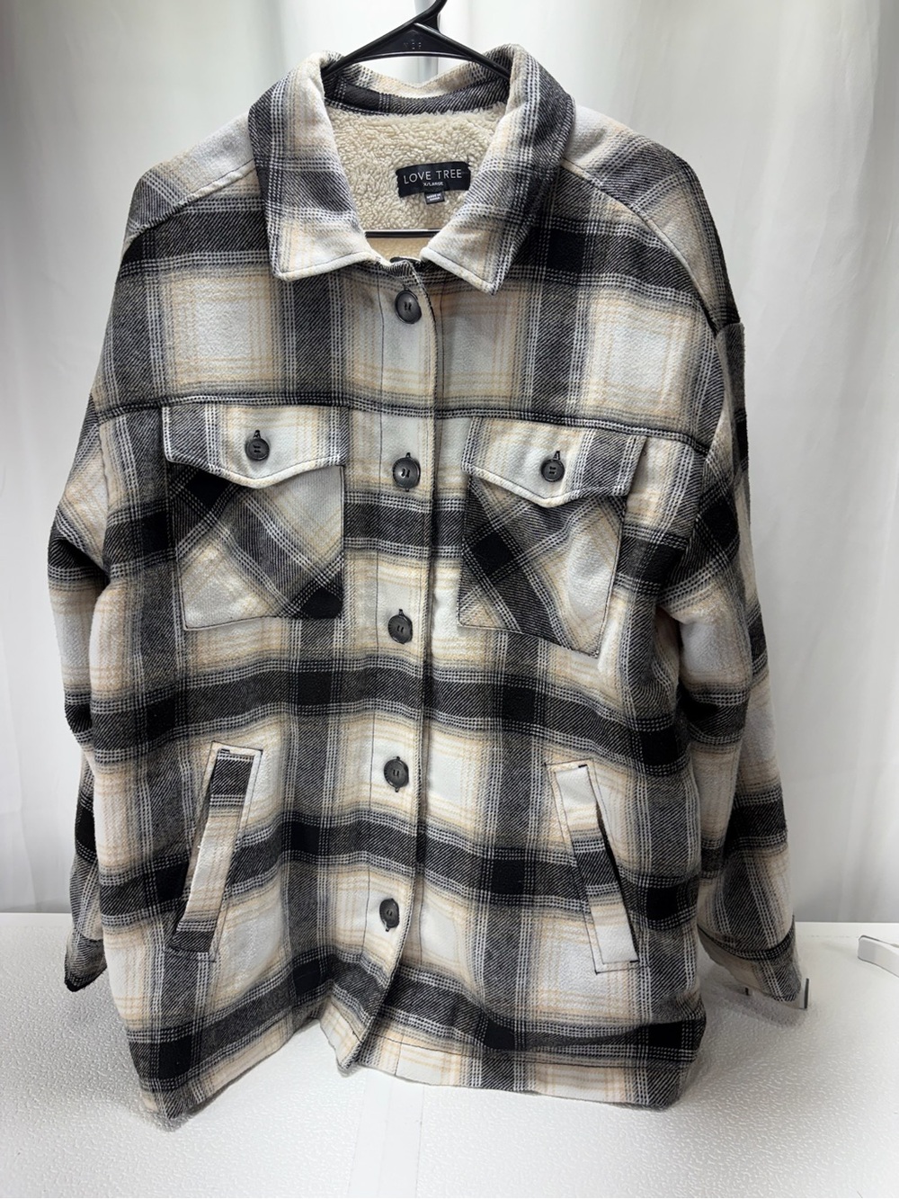 Love Tree Black Cream & Tan Plaid Teddy Shacket 4397